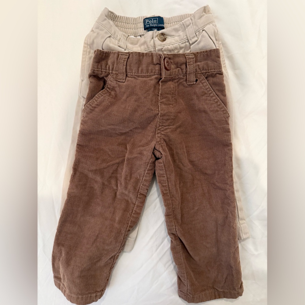 12 Month Ralph Lauren Brown and Cream Corduroy Pants and khaki pant.